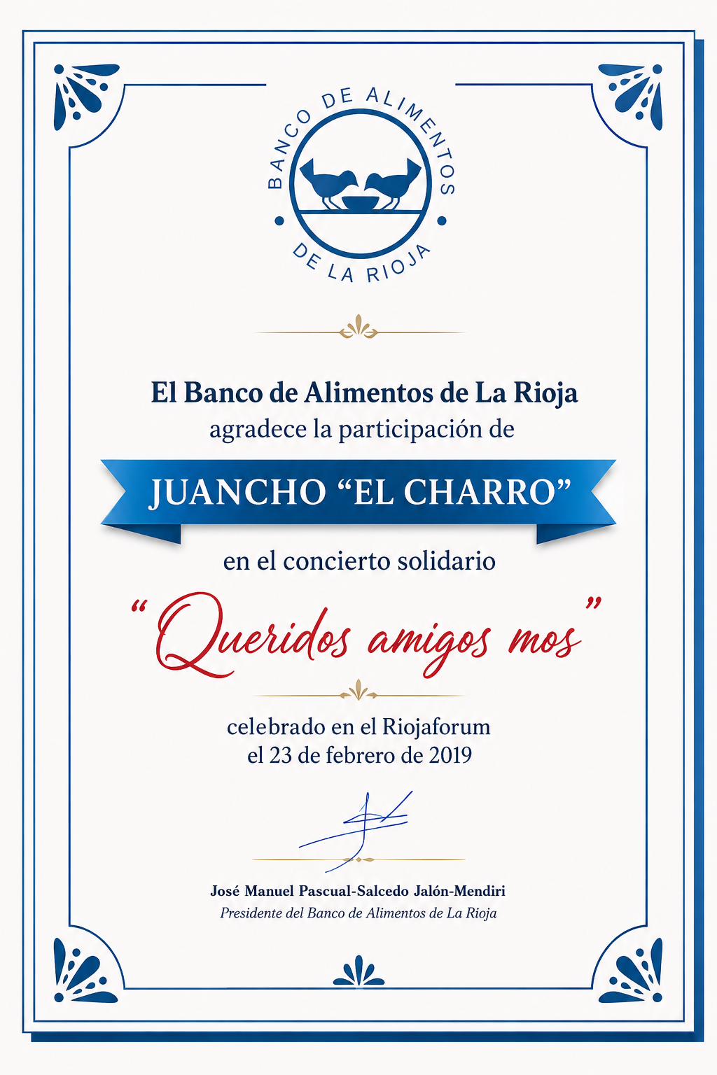 Diploma de reconocimiento del Banco de Alimentos