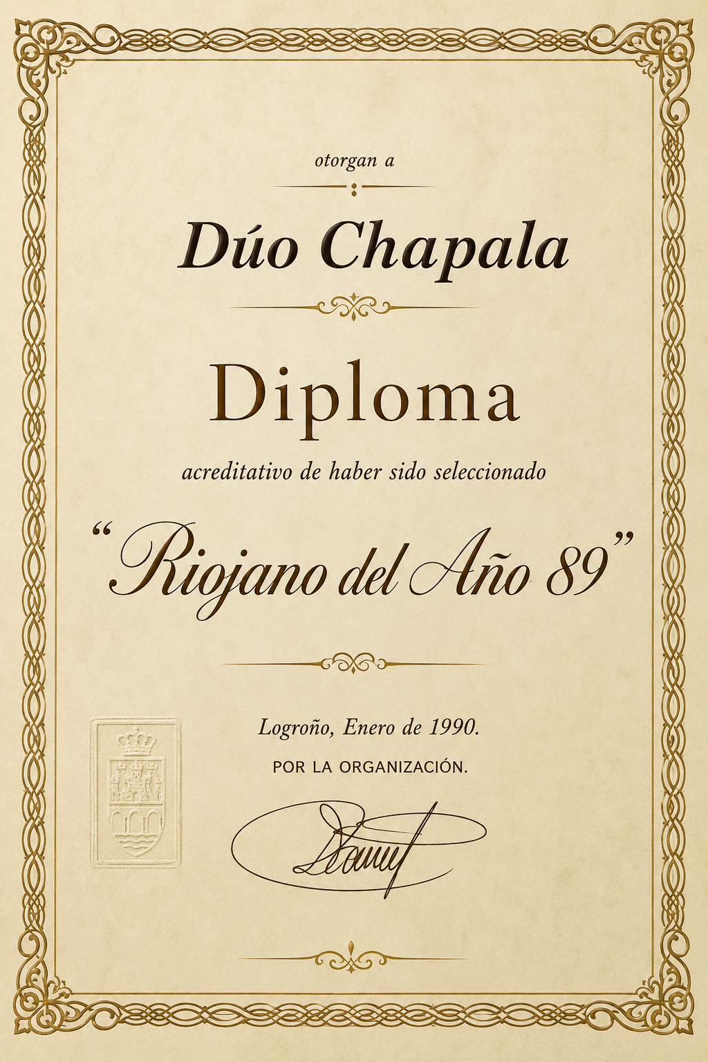 Diploma de Dúo Chapala – Riojano del Año 1989