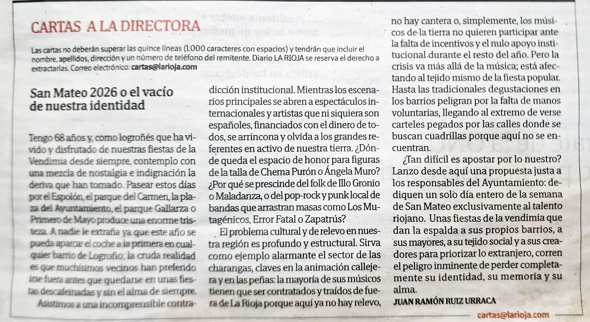 Carta al director - San Mateo 2026 o el vacío de nuestra identidad